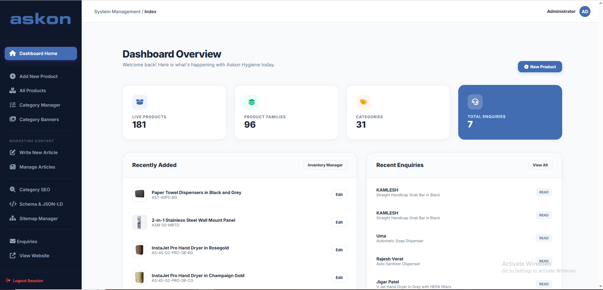 Askon Hygiene Website & Admin Panel Development screenshot 4